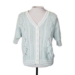 Vintage Crazy Horse Cardigan Grannycore Cable Knit Retro Rami Cotton Pale Blue M